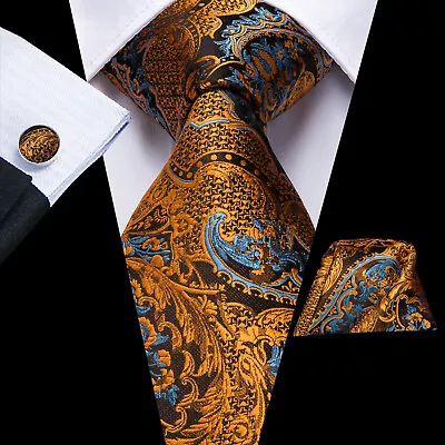 Men's Tie Silk Classic Wedding Necktie And Pocket Square Cufflinks Set Paisley • £9.59