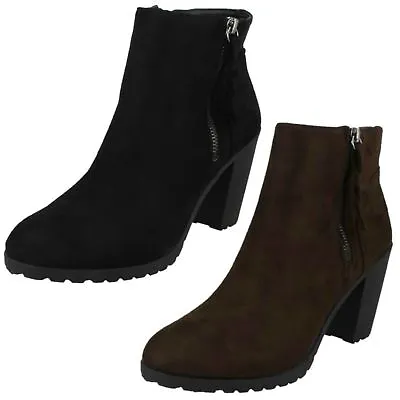 Ladies Spot On Slip On Zip Detail Heeled Microfibre Ankle Boots F5R0878 • £15