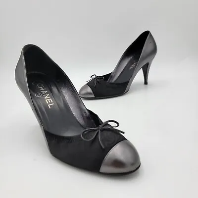 CHANEL Escarpins Black Metallic Leather Cap Toe Pumps Heels 38 US 8 $650 • $149.99