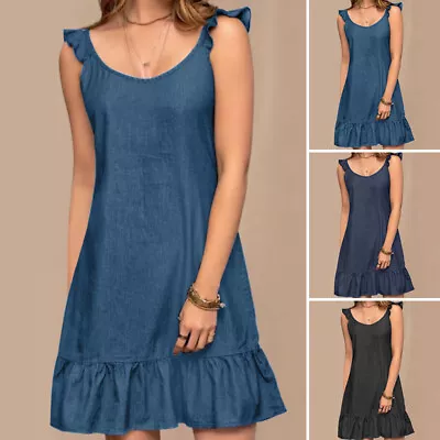 Fashion Women Denim Style Mini Dress Ruffles Summer Casual Party Swing Sundress • $18.99