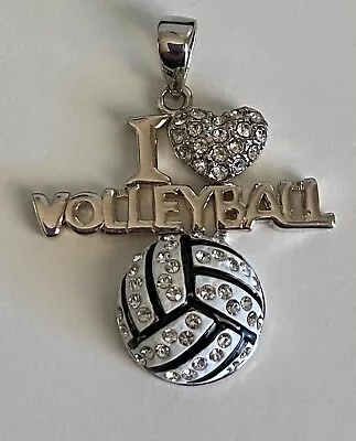 Vintage Silver Tone Metal & Crystal I Love Volleyball Pendant Or Charm • $16