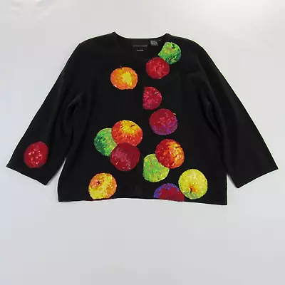 Michael Simon Cardigan Sweater Womens Large Black Knit Embroidered Apples * • $95