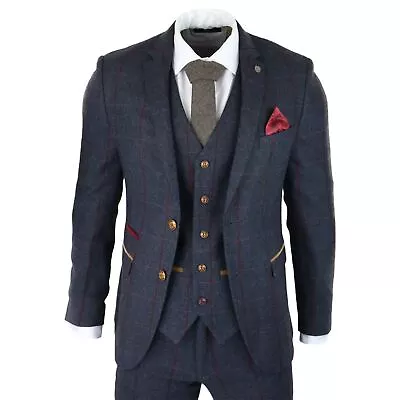 Mens Herringbone Tweed 3 Piece Navy Red Check Suit Vintage 1920s Tailored Fit • $250.89