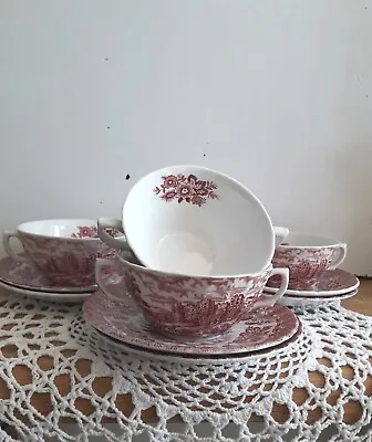 Olde Country Castles British Anchor Pink & White 4 Soup Bowls And 6 Saucers • £68