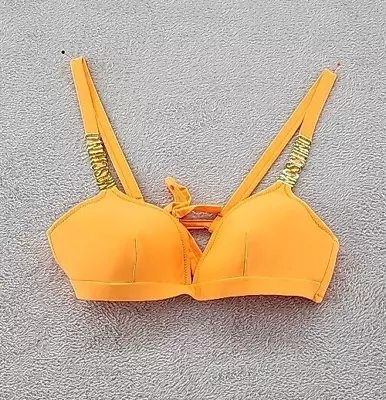 MOSCHINO Swim Bikini Top Womens Sz L Italy Orange With Gold Letters Top Padded • $42.95