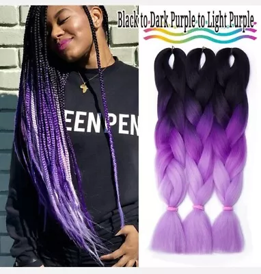 24  Jumbo Braiding Hair Extensions Ombre Black To Dark Purple To Light Purple • $6.29