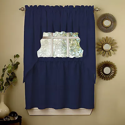 Navy Solid Opaque Ribcord Kitchen Curtains - Choice Of Tiers Valance Or Swag • $13.49