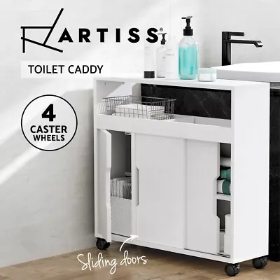 Artiss Bathroom Storage Cabinet Toilet Caddy Shelf 3 Doors With Wheels White • $61.95