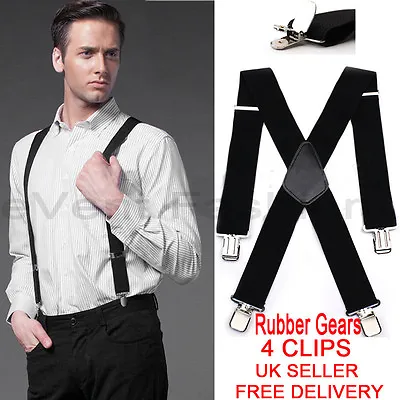 35mm Unisex Mens Men Braces Plain Black Wide & Heavy Duty Suspenders Adjustable • £6.94