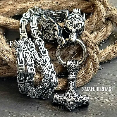 Men Viking Stainless Steel Wolf Head Necklace Thor Hammer Mjolnir Pendant Norse • $19.43