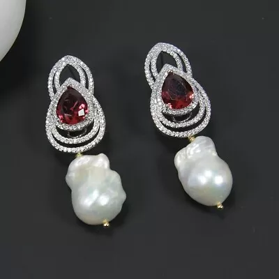 Cultured White Baroque Pearl Red Cubic Zirconia Micro CZ Paved Stud Earrings • $25.20