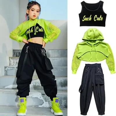 Jazz Costume Hip Hop Girls Clothing Green Tops Net Sleeve Black Hip Hop Pants  • $169.31