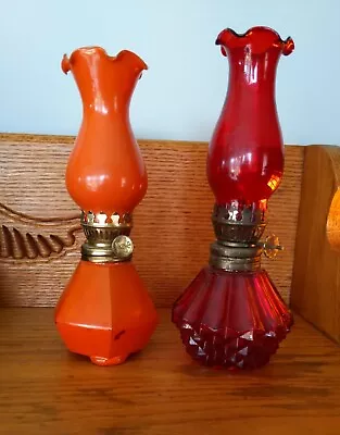 2 Vintage Miniature Oil Lamps Red And Orange Glass With Fluted Shades Japan • $25.95
