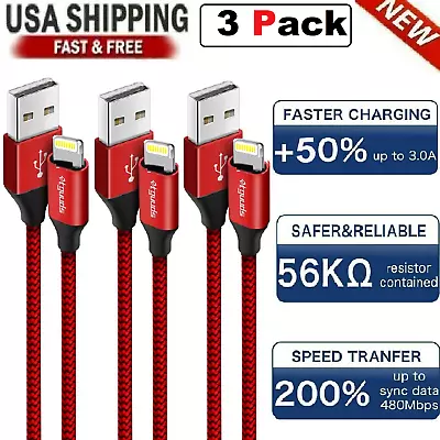3 Pack Fast Charger Cable Heavy Duty For IPhone 14 13 12 11 XR 8 7 Charging Cord • $7.99