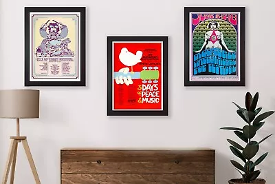 £19.99 • Buy Set Of 3 Vintage Festival Concert Poster Prints / Framed Wall Art / Woodstock