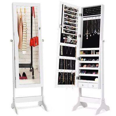 Mirrored Lockable Jewelry Cabinet Armoire Storage Organizer Box W/ Drawers White • $119.98