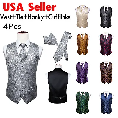 $9.59 • Buy Hi Tie SET Vest Tie Hankie Fashion Mens Formal Dress Suit Slim Tuxedo Waistcoat 