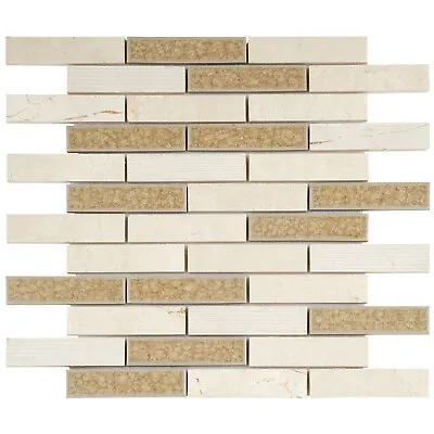 Beige Cream Crema Marfil Marble Mosaic Tile Crackle Glass Kitchen Backsplash • £3.85