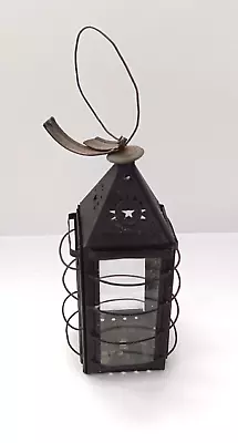 Primitive Antique Punched Tin Candle Holder Lantern Wire & Glass W/ Star Design • $175