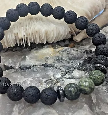 $15.95 • Buy Aromatherapy Diffuser Essential Oil Lava Bracelet Green Jasper And Hematite Men