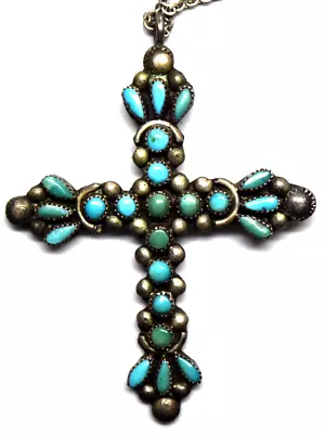 Vintage Sterling Silver And Turquoise Native American Indian Cross Necklace • $85