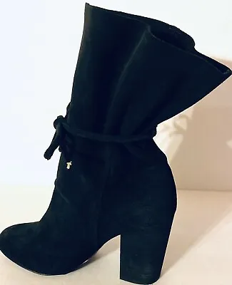 Ecote Urban Outfitters Carla Slouch Boots Suede Mid Calf Black Sze 9 M Mid Tie • $36