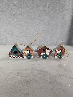 Lot 4 Vintage Mini Wooden Folk Birdhouse 2.5  Christmas Tree Ornaments  • $19.98