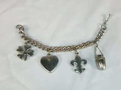 Vtg HEAVY Charm Bracelet W/ 4 Charms Perfume Bottle Heart Fleur De Lis Shamrock • $59