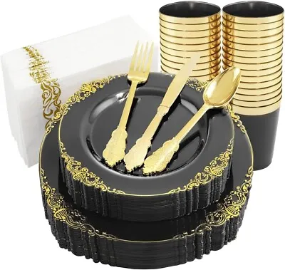 175 Pieces Black Gold Plastic Plates Cups Cutlery Tissues For 25 On Big Occasion • £39.99
