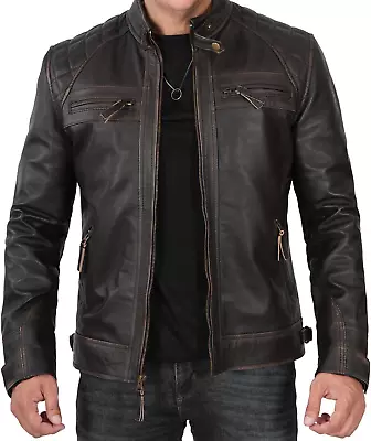 Motorcycle Leather Jacket Men - Quilted Cafe Racer Leather Jackets For Men • $249.77