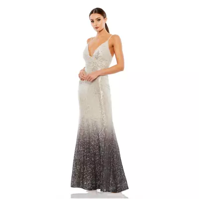 Mac Duggal PLUNGE NECK OMBRE SEQUIN GOWN Size 8 Charcoal #70142 • $209