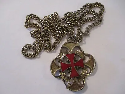 Vintage Maltese Cross Gold Red Enamel Brooch Pendant 28  Chain • $35