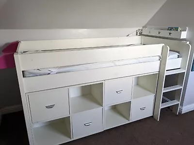 Stompa Mid Sleeper Raised Single Bed With Storage Cubes / Cupboards And Shelf  • £75