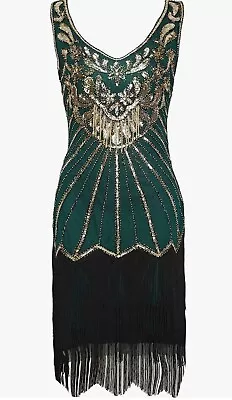 Women Dress Size Medium Green V Neck Beaded Fringed 1920 Great Gatsby Party NWT • $14.99