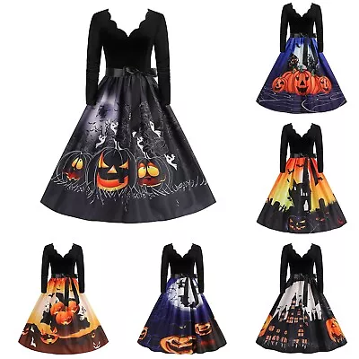 Women's Pumpkin Print V Neck Long Sleeve Patchwork Vintage Halloween Swing Dress • $29.48
