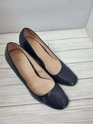 Zara Trafaluc High Block Heel Shoes Womens Size 7.5 EU 38 Blue Patent Leather • $21.99