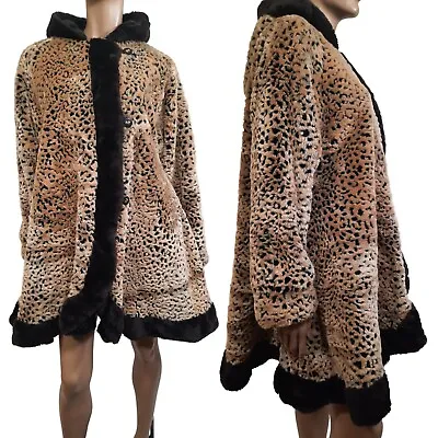 Vintage 80s Faux Fur Leopard Cheetah Swing Coat Mid Length Hooded Size M • $52.46