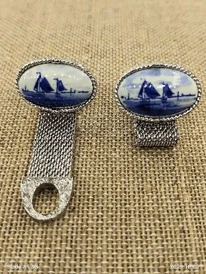 Rare Estate Vintage Sailboat Blue White Silver Tone Cufflinks Mesh Wrap Around • $32