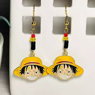 LUFFY * One Piece Anime Theme Handmade Beaded Hook Dangle Enamel Charm Earrings • $10.95