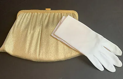 Vintage VTG Retro Sparkle Gold Clutch Small Purse Metal Clasp Free GLOVES • $7.50