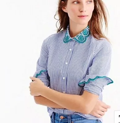 J.CREW Sz 14 Blue Striped THE PERFECT SHIRT With Eyelet Trim Button Down Women’s • $17.95