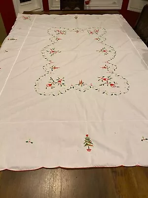Vintage CHRISTMAS EMBROIDERED TABLECLOTH~Linen*Candle*Holly*Poinsettia*Tree • $22