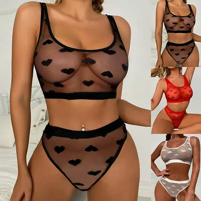 Womens Sexy See Through Mesh Bra Briefs Knickers Set Underwear Lingerie Sissy UK • £6.99