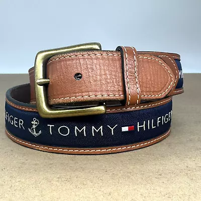 TOMMY HILFIGER Men's Leather Belt Premium Ribbon Inlay Anchor Logo Brass Size 36 • $27.99