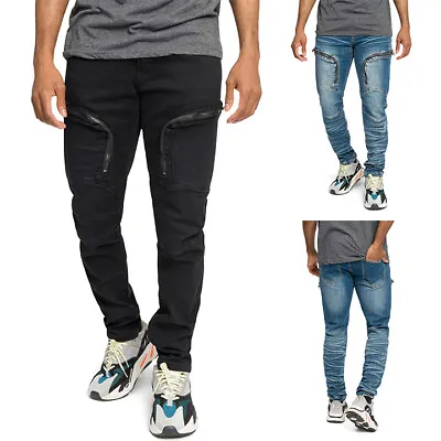 Victorious Men's Casual Moto Zipped Skinny Cargo Pockets Denim Jeans DL1345 • $39.95