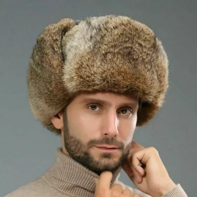 Genuine Hat Rabbit Fur Earflap Ski Trapper Cap Ushanka Russia Winter Real Mens • £19.36