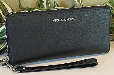 Michael Kors Jet Set Large Travel Continental Wallet Black Leather Silver • $76.99