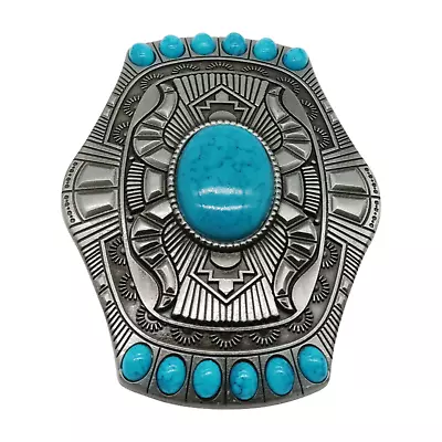 Men Silver Metal Belt Buckle Ethnic Western Vintage Fashion Turquoise Blue Beads • $17.99