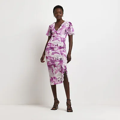 £10 • Buy River Island Womens Frill Midi Dress Purple Short Sleeve Frill Mesh V-Neck