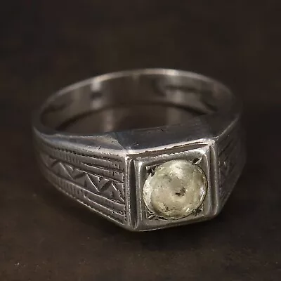 VTG Sterling Silver - ART DECO Hand Engraved Crystal Men's Ring Size 9 - 7.5g • $2.99